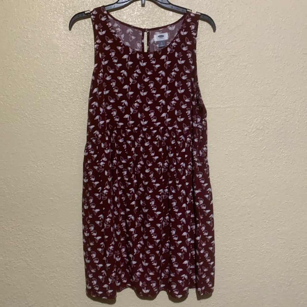 Old Navy Dress L Burgundy Red White Bird Print Sleeveless Pullover Side Zipper